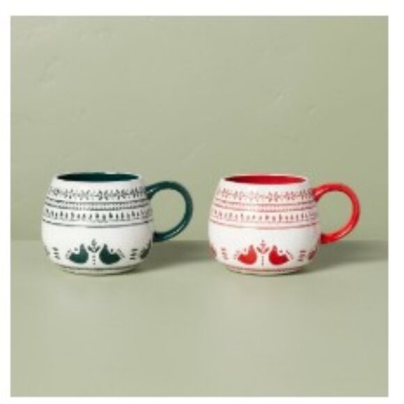 2pk 14oz Nordic Christmas Fair Isle Stoneware Mug Set Red/Green - Hearth & Hand™ - Picture 1 of 1